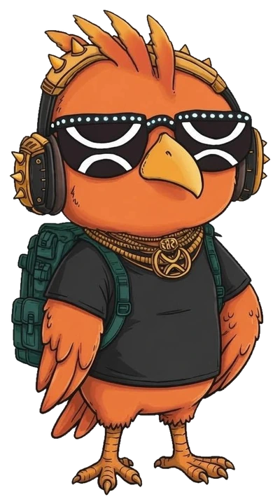 LilFrito — orange firebird in an LED visor, spiked headphones, and gold chain